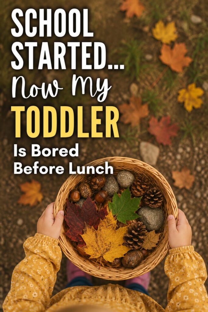 Toddler holding a basket of fall leaves, pinecones, acorns, and rocks during one of many easy fall activities for toddlers outdoors.
