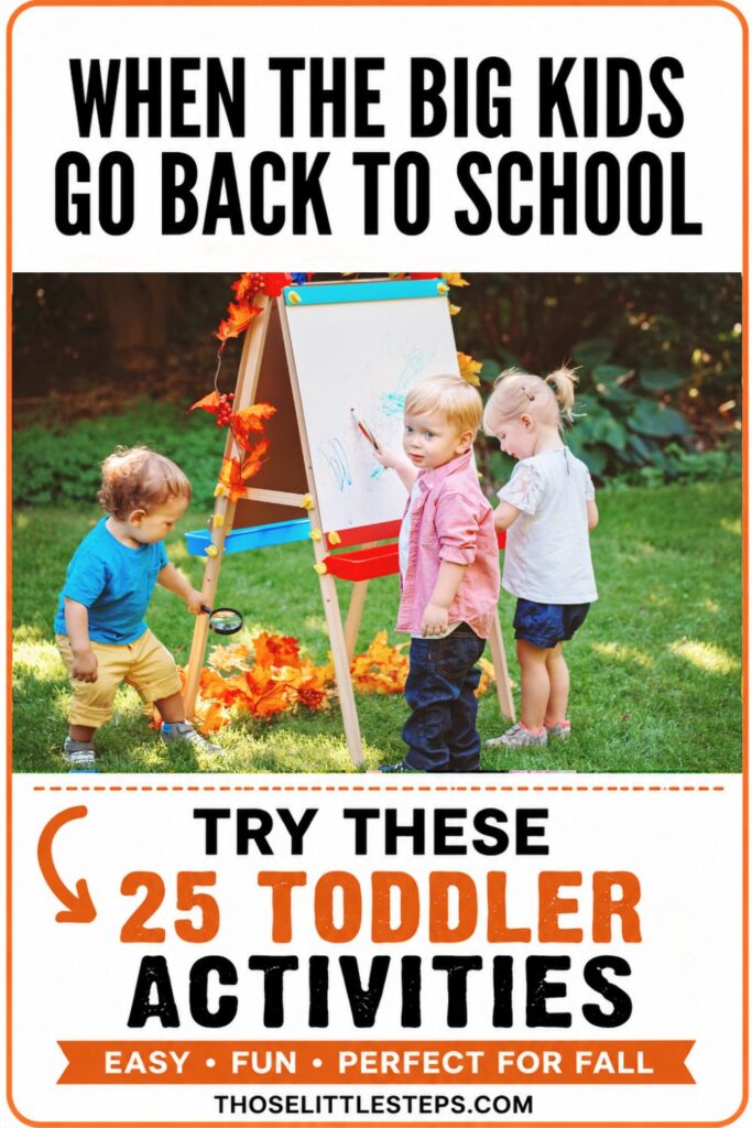 Toddlers enjoying outdoor fall activities with an easel and nature play after older siblings return to school.
