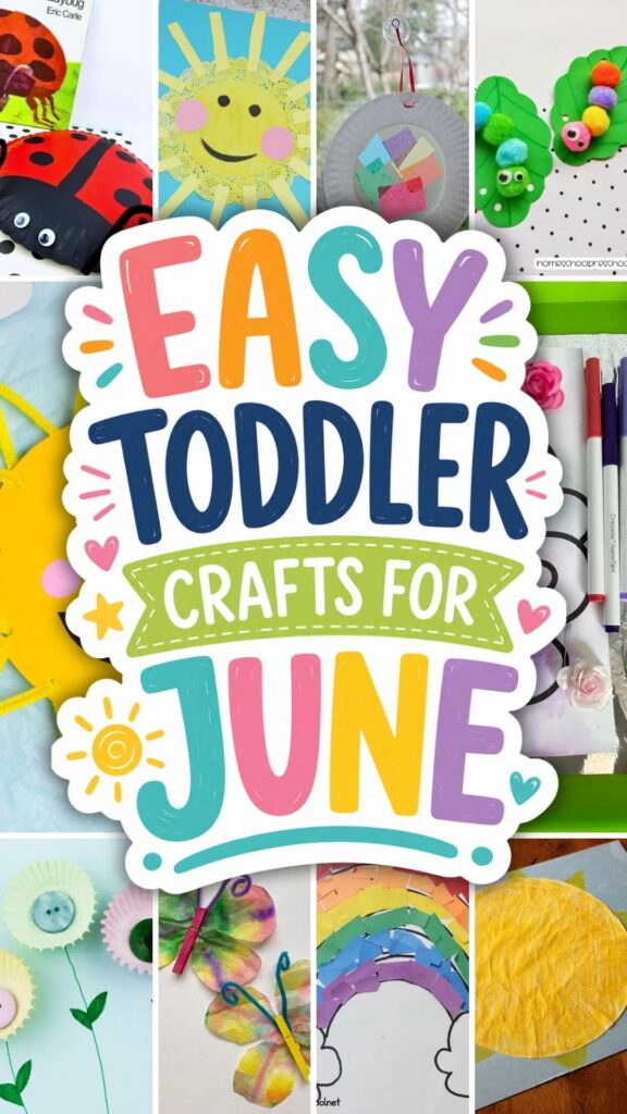 A collage of easy toddler crafts for June including a paper plate ladybug, doily sun, tissue paper suncatcher, pom pom caterpillar, cupcake liner flowers, coffee filter butterfly, construction paper rainbow, and coffee filter sun.