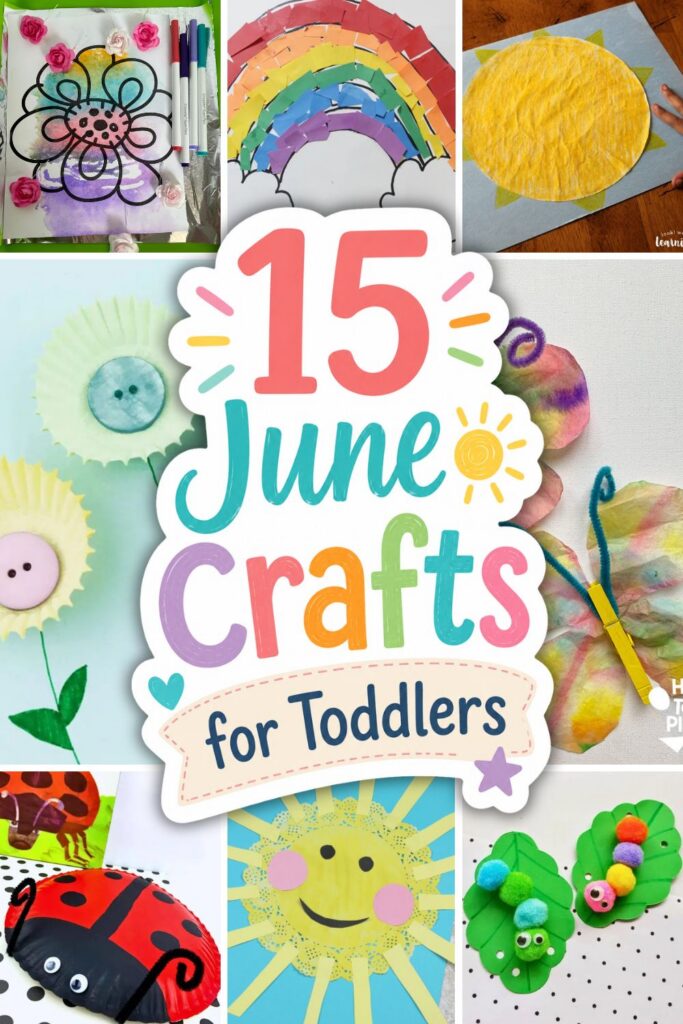 A collage of 15 June crafts for toddlers including a paper plate ladybug, doily sun, coffee filter butterfly, cupcake liner flowers, construction paper rainbow, and more.