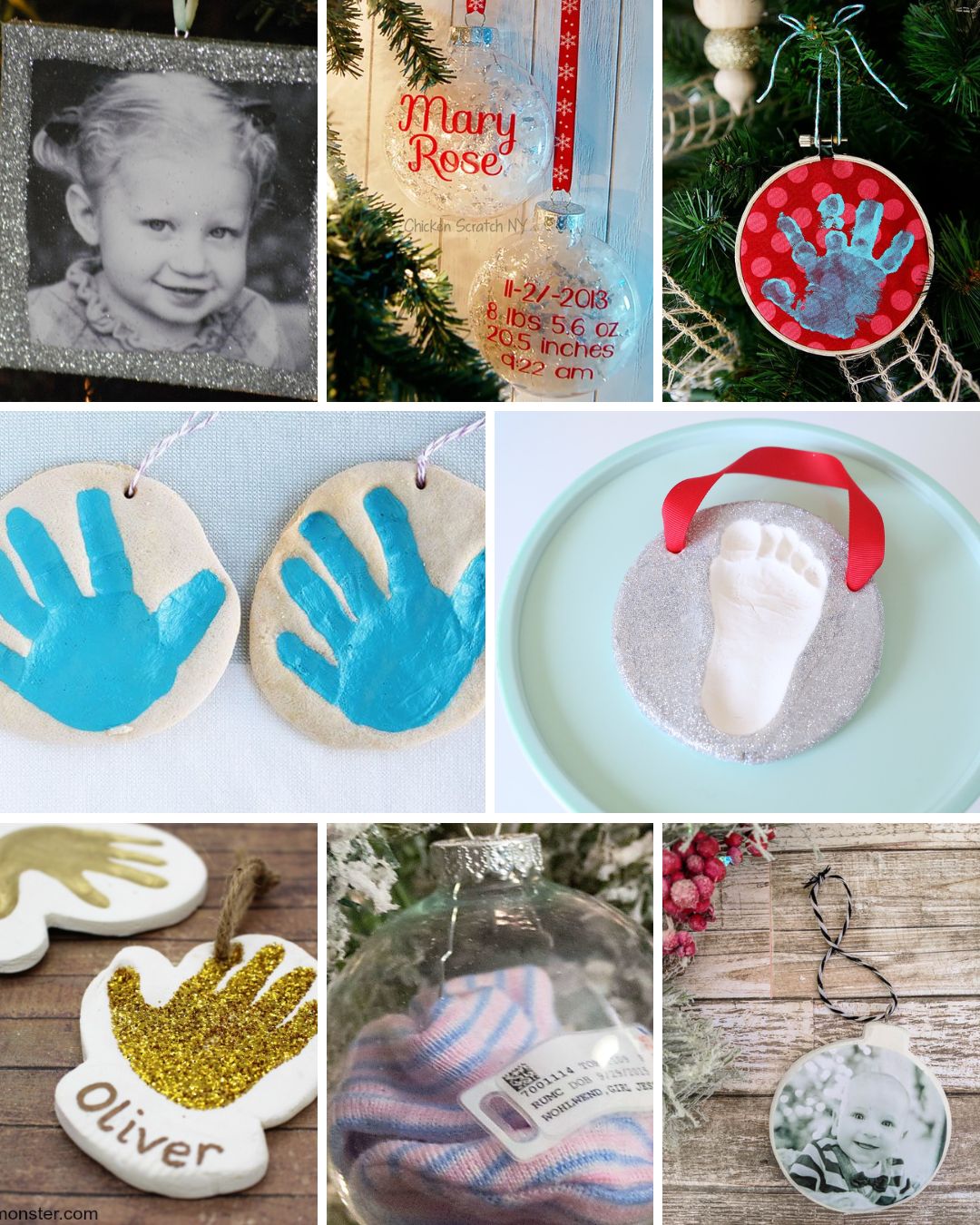 Collage of DIY baby ornament ideas featuring handprint ornaments, footprint keepsakes, photo ornaments, personalized Baby's First Christmas ornaments, salt dough ornaments, and clear fillable keepsake ornaments for Christmas.