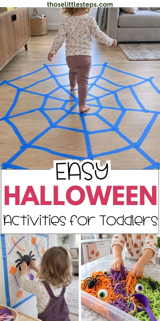 Easy Halloween activities for toddlers, including a painter’s-tape spider web, sticky-wall play, and colorful spaghetti sensory play.