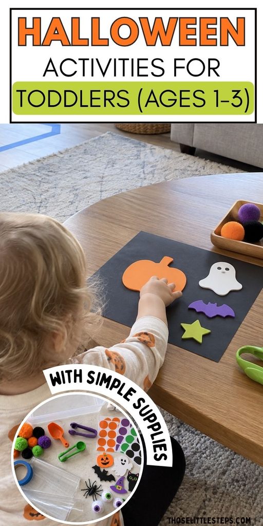 Toddler arranging large Halloween foam shapes during a simple activity made with pom-poms, stickers, painter’s tape, and sensory tools.